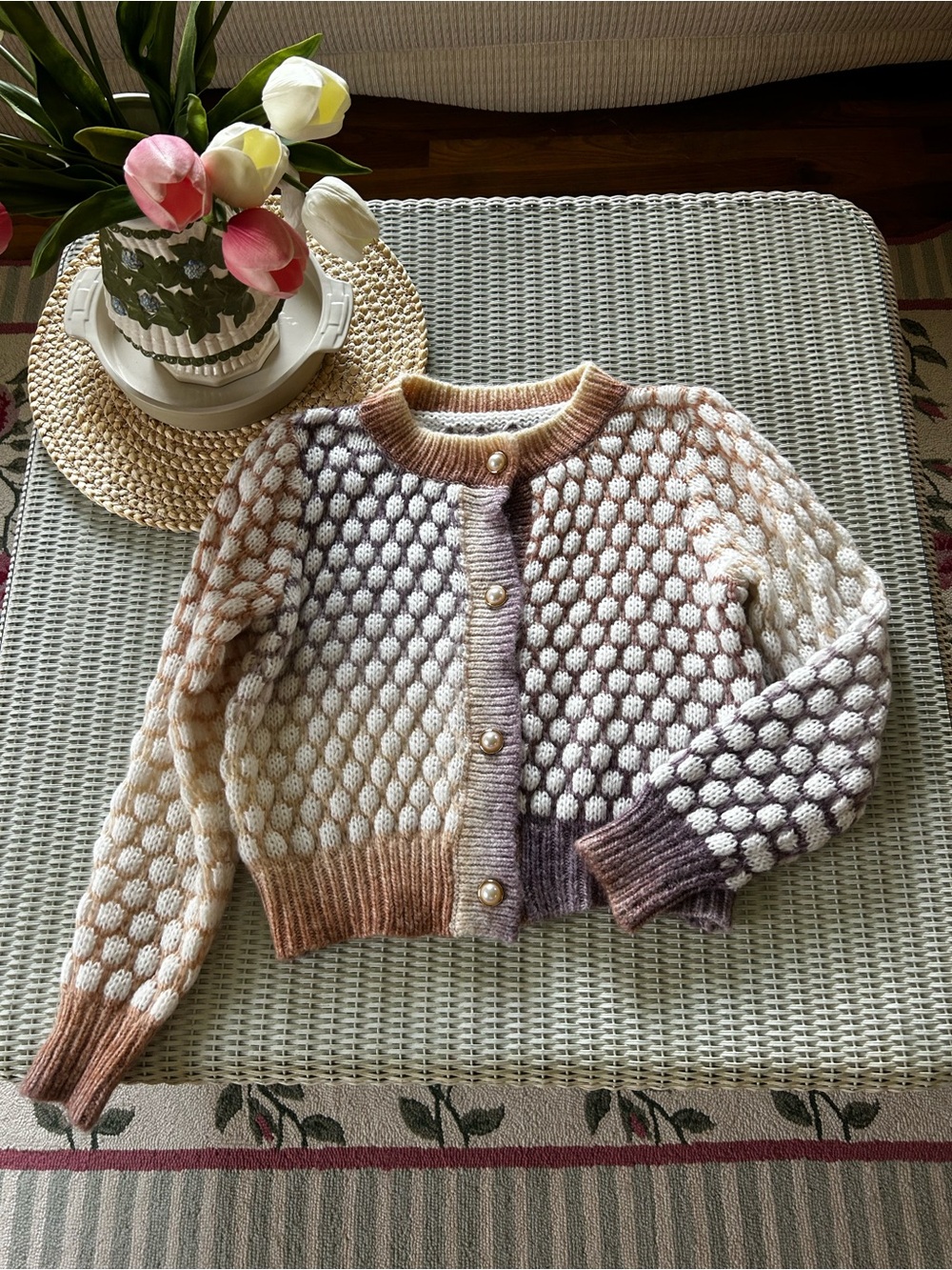 Gradient Bubble-Stitch Pearl-Button Cardigan - Neutral Multi - Picture 1 of 3
